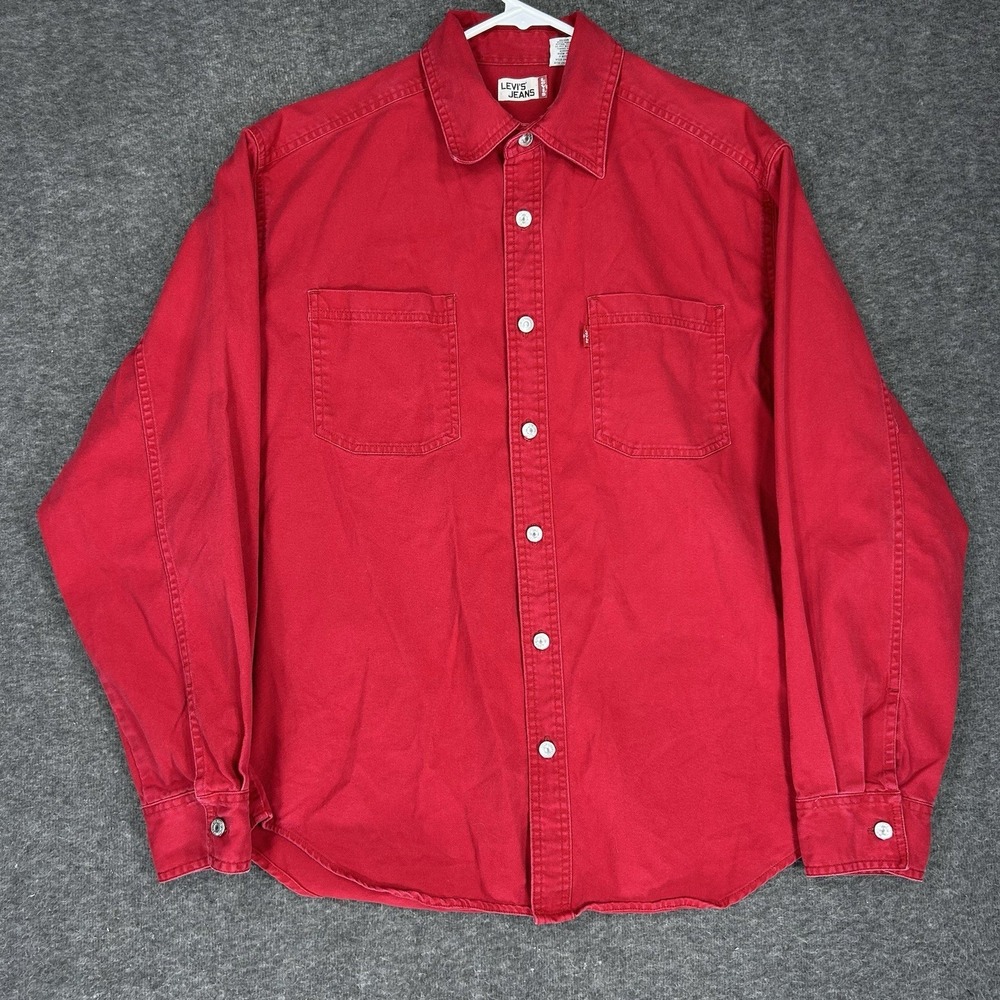 Vintage Levis Shirt Mens M Red Denim Long Sleeve Metal Buttons Western